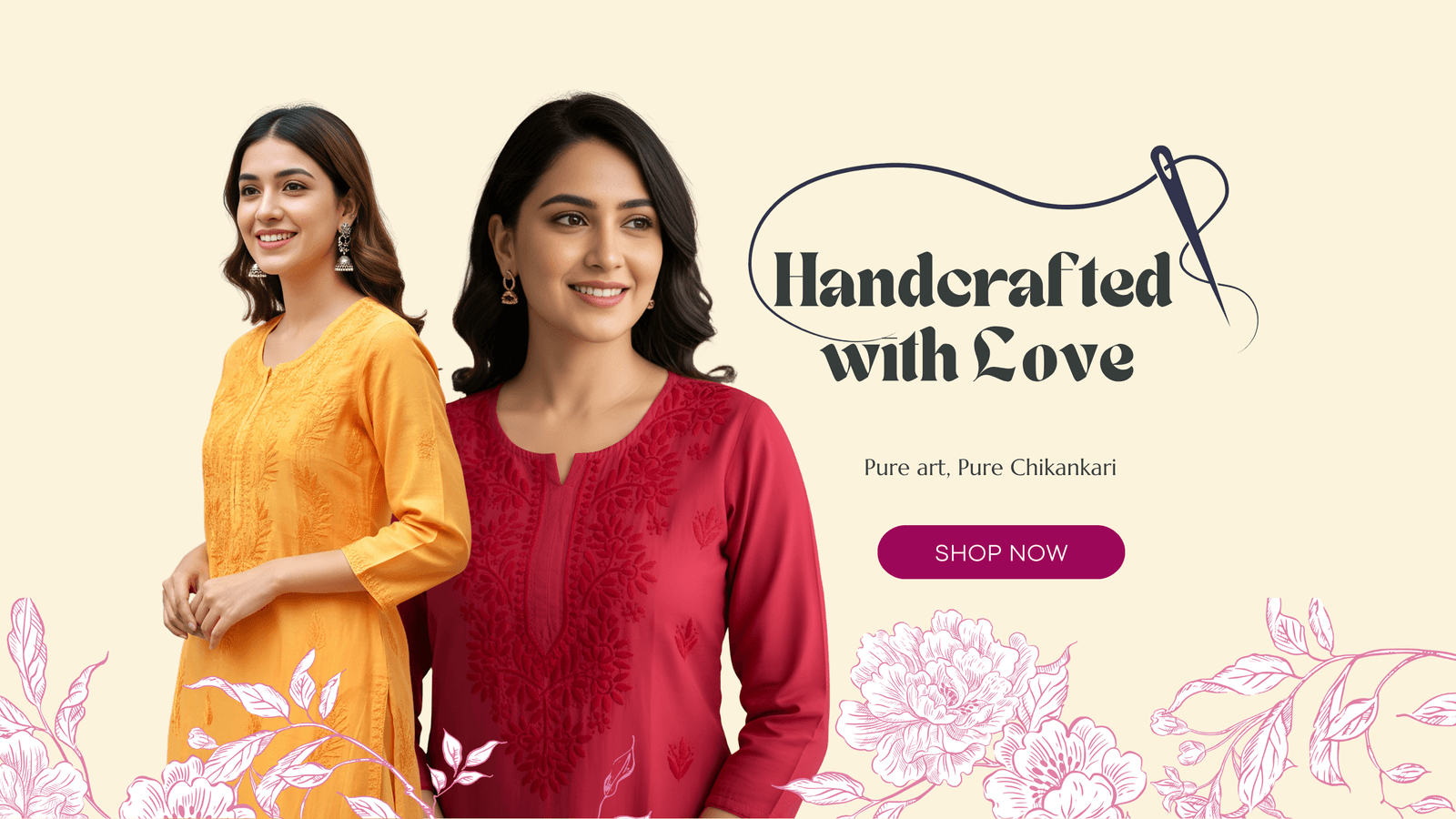 Adneet handcrafted with love hero slide featuring two models in bright kurtas