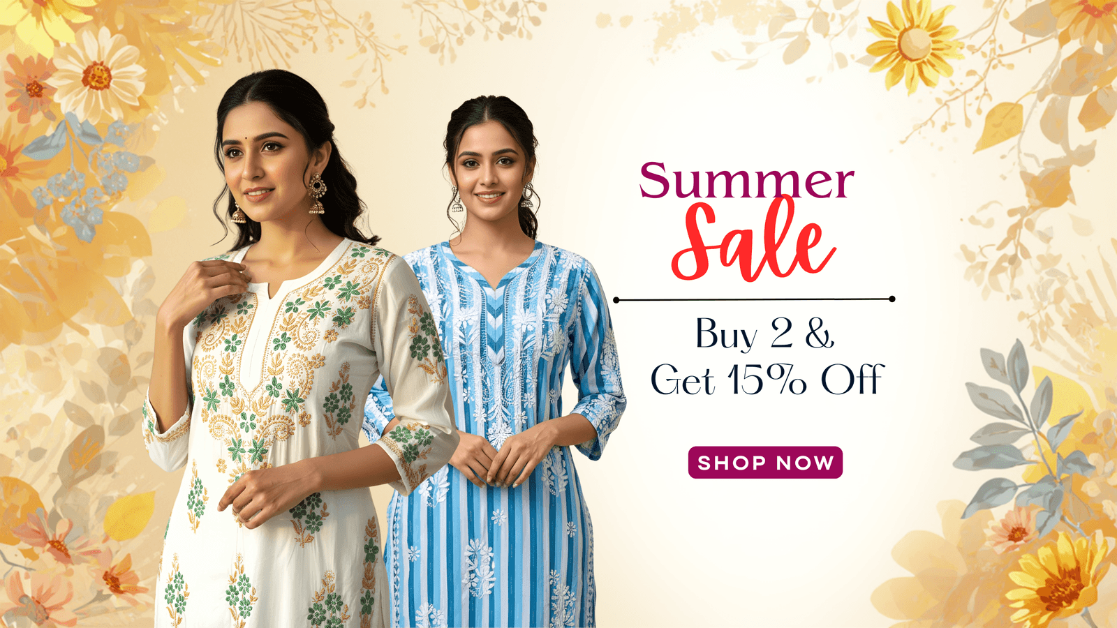 Adneet summer sale hero slide with two models in embroidered kurtas