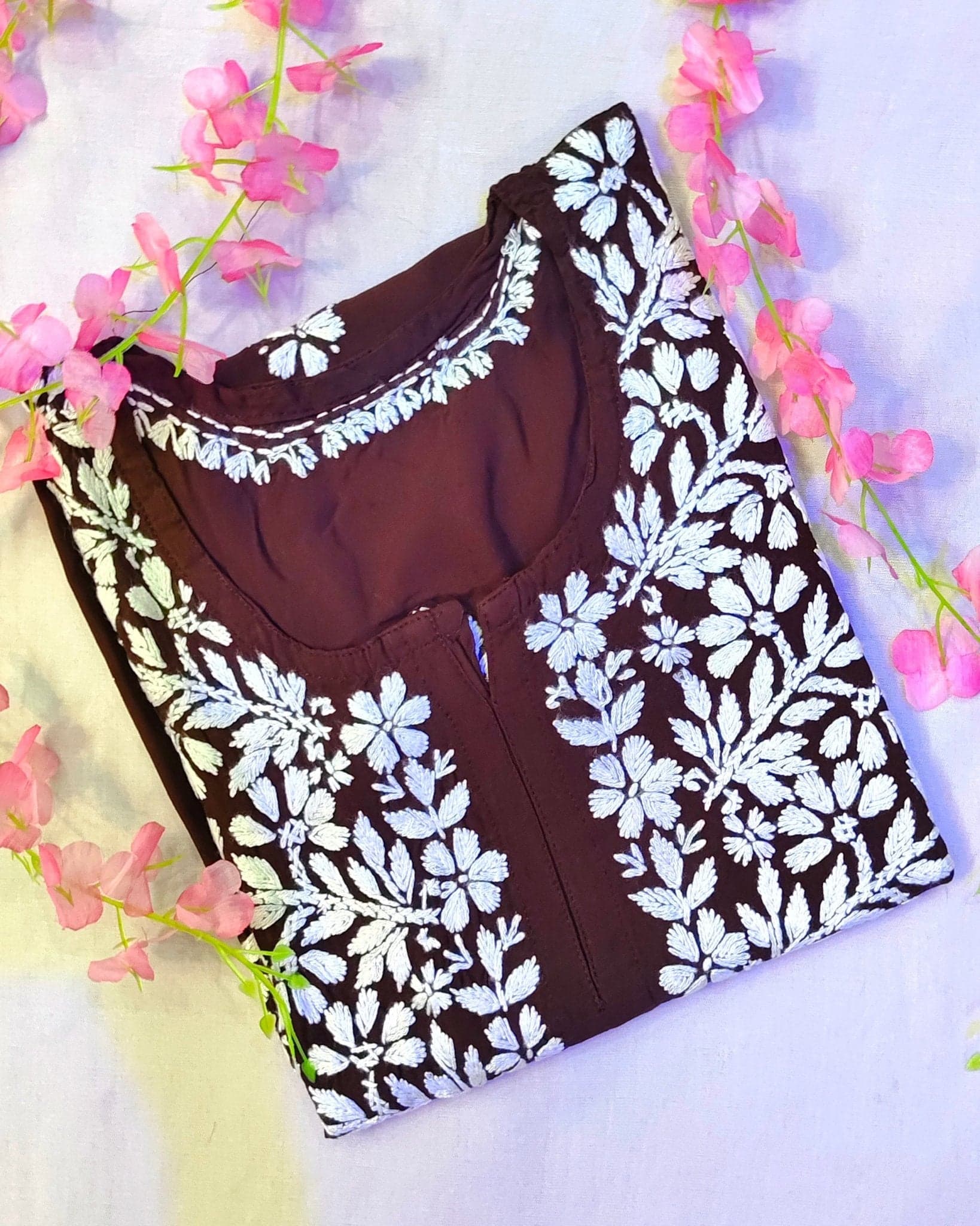 Rayon Handcrafted Chikankari Short Kurta - Caramel brown