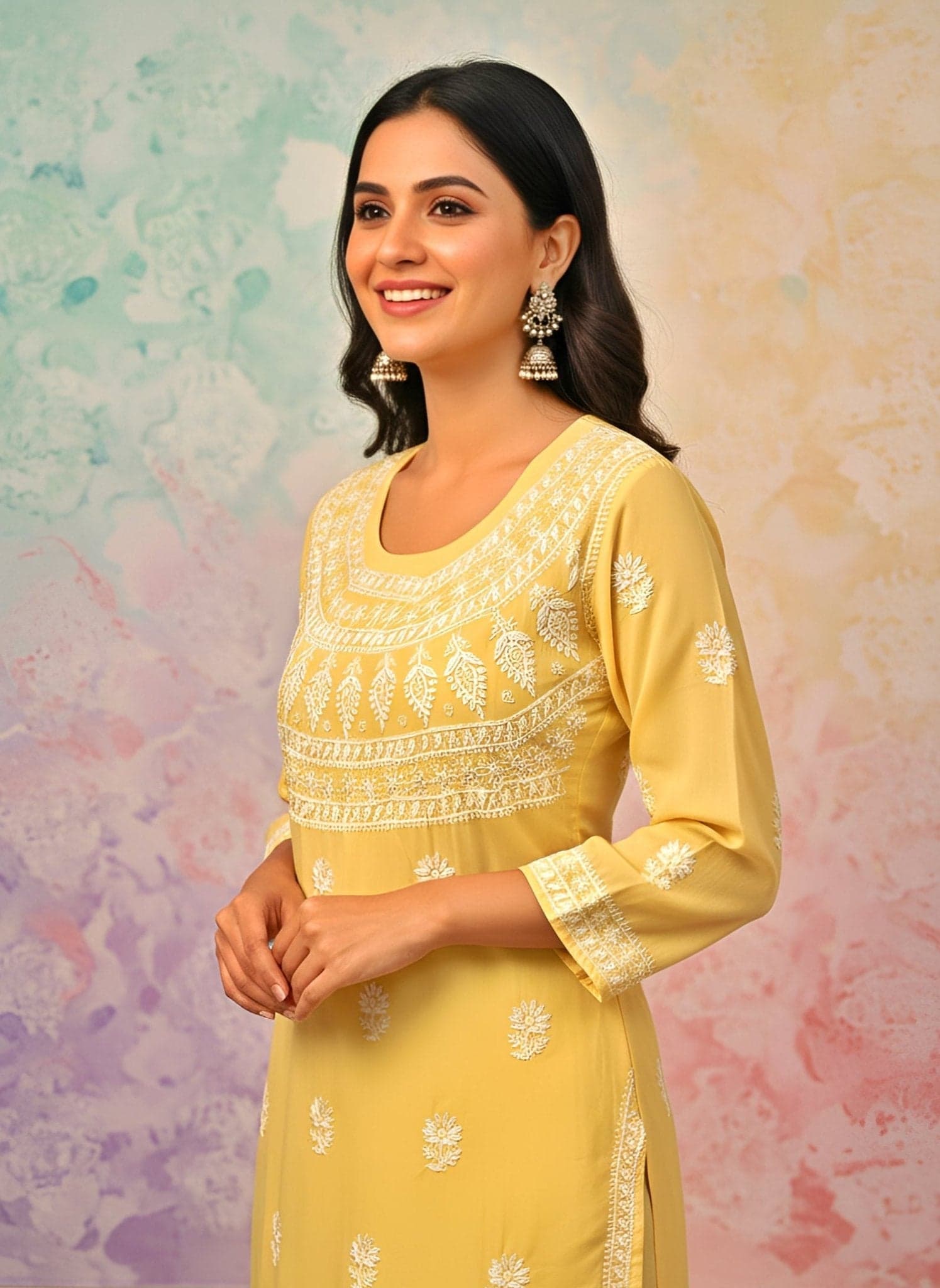 Modal Handcrafted Chikankari Kurta Straight Fit - Pastel Yellow