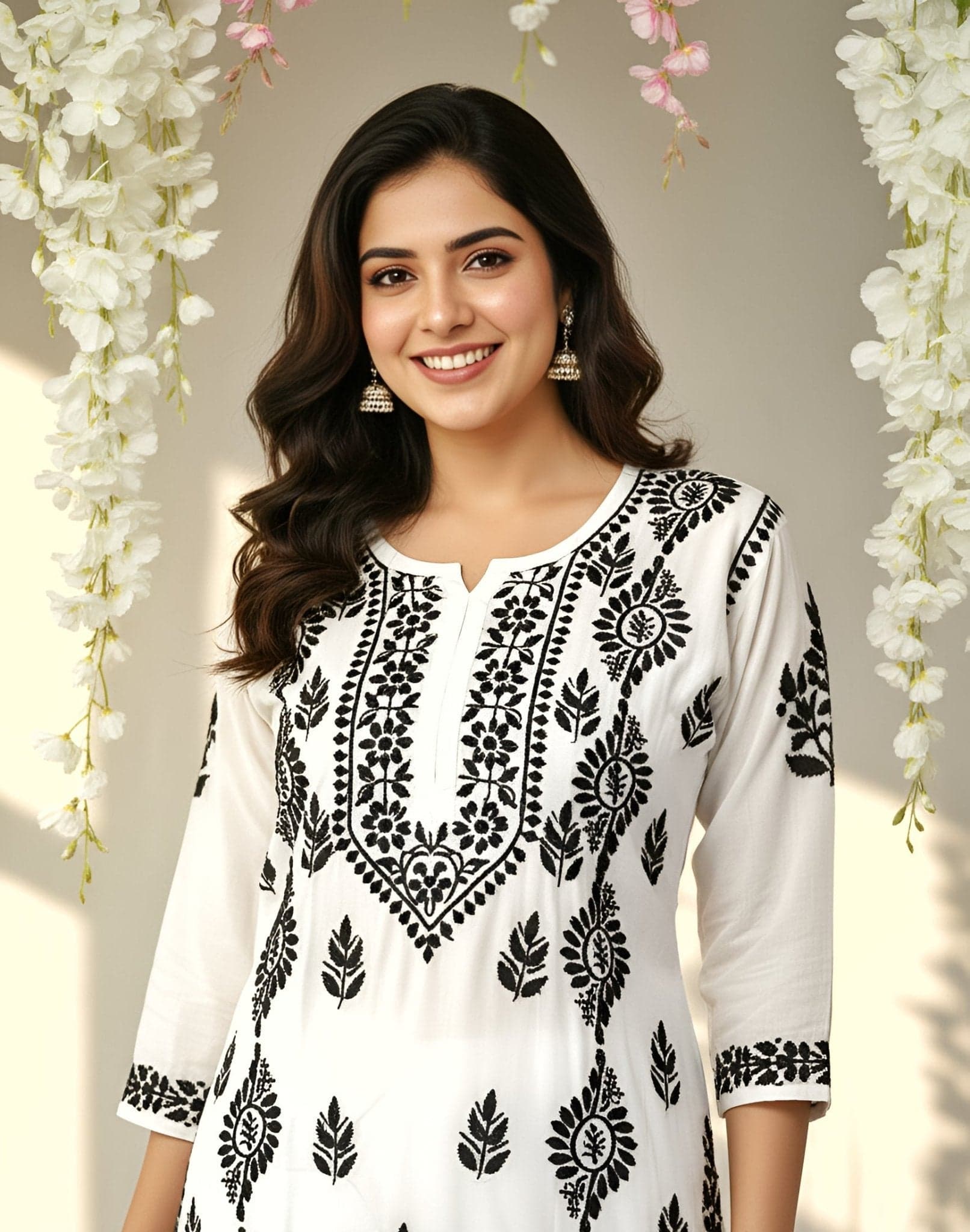 Modal Handcrafted Chikankari Kurta Straight Fit- Vintage Black & White