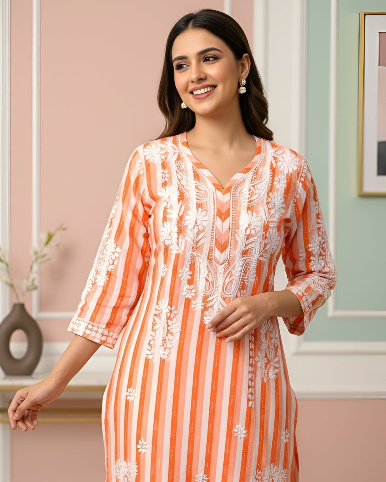 Khadi Cotton Handcrafted Chikankari Kurta Straight Fit - Coral Orange